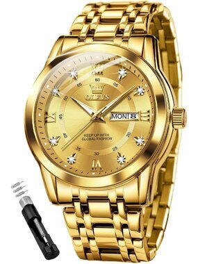 Olevs Men's Gold Diamond Wrist Quartz Stainless Steel Luminous Luxury Watch